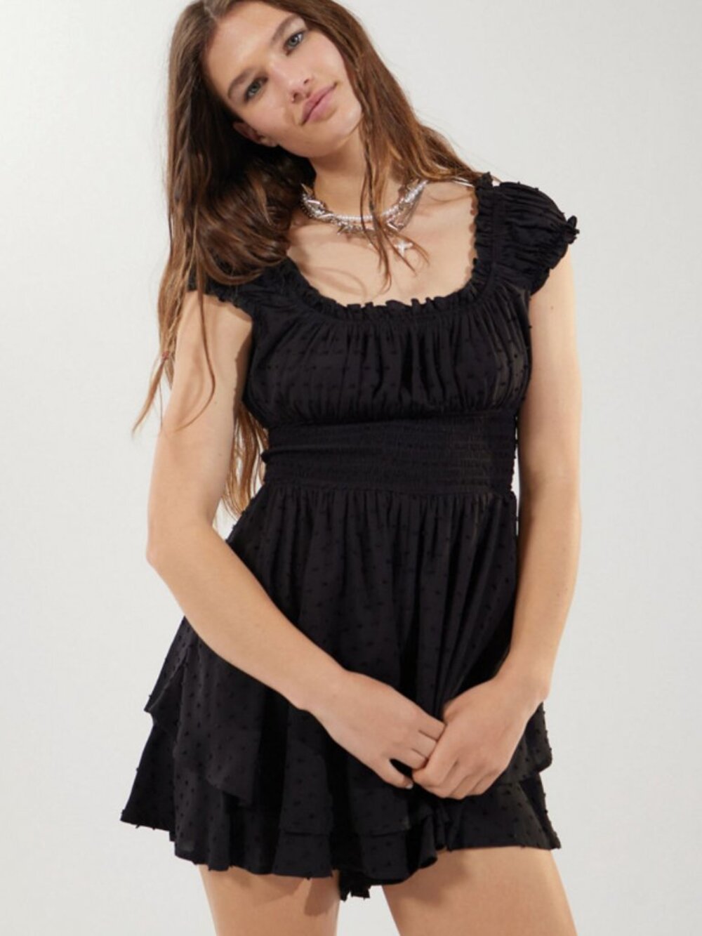 Urban Outfitters Rosie Smocked Tiered Ruffle Romper Black